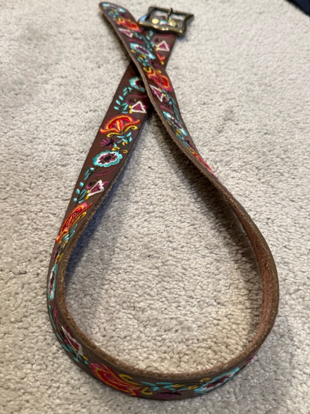 Lucky Brand Brown Leather Belt with Multicolor Floral Embroidery
